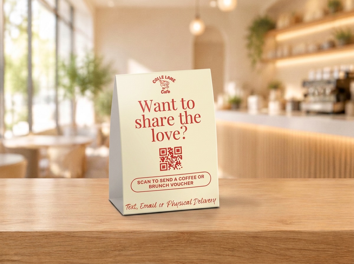 GiftPop table tent placed naturally on a café counter, reading Scan to Send a Coffee or Brunch Voucher