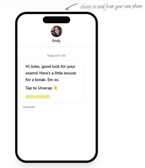 A personalised gift text message arriving on a phone